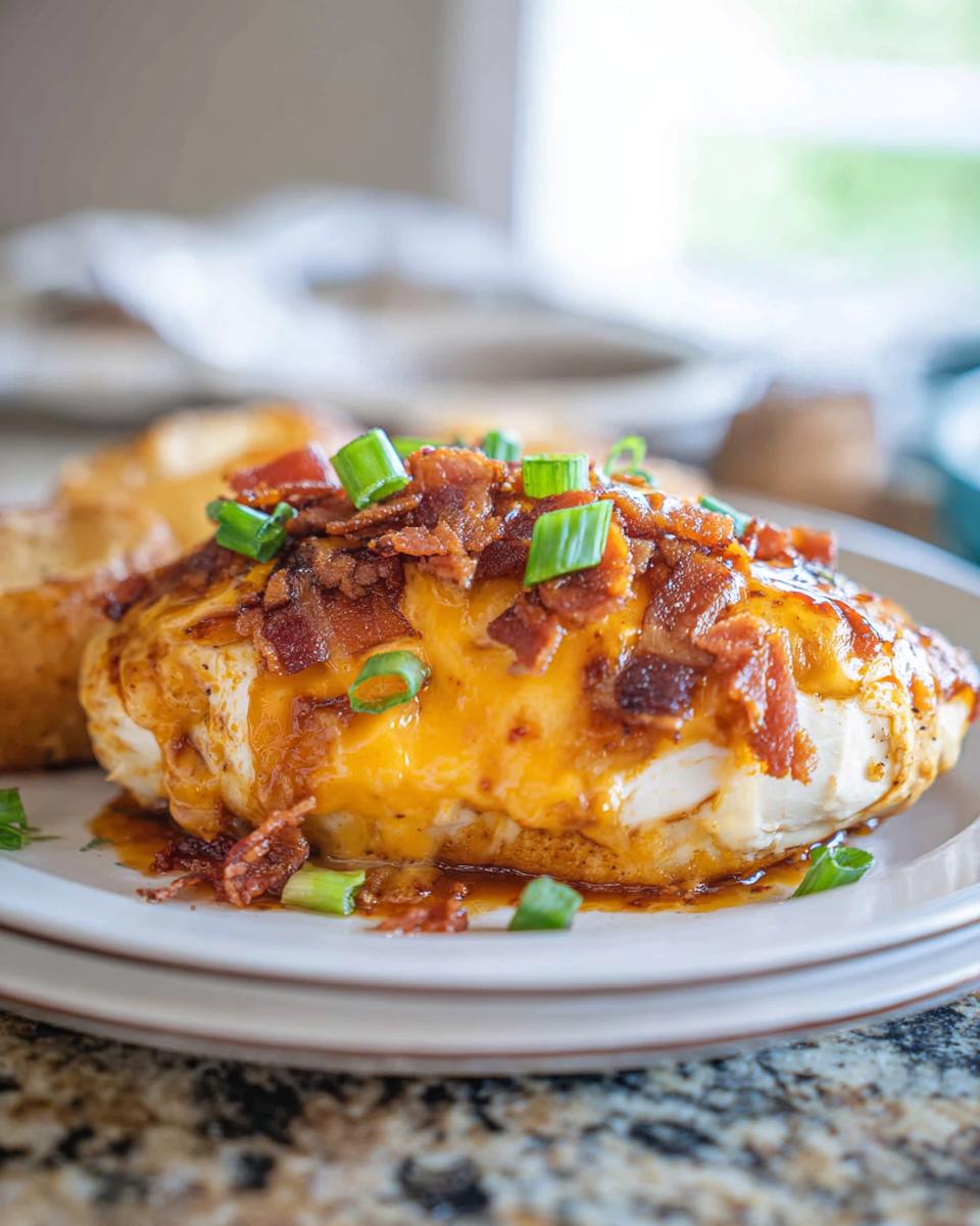 A close-up of a juicy Cowboy BBQ Bacon Cheddar Chicken breast topped with melted cheddar cheese, crispy bacon, and green onions.