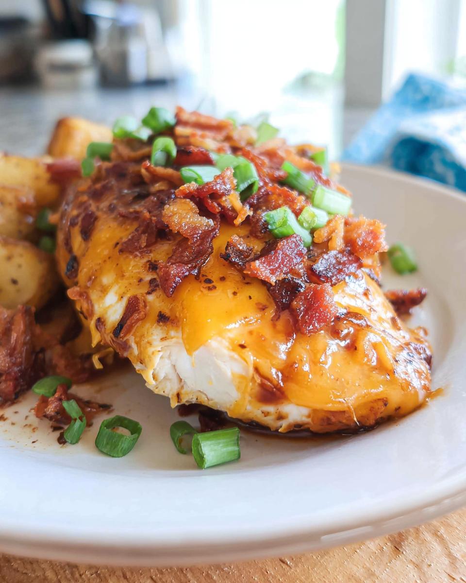 A juicy Cowboy BBQ Bacon Cheddar Chicken breast topped with melted cheddar cheese, crispy bacon, and green onions, served with roasted potatoes.