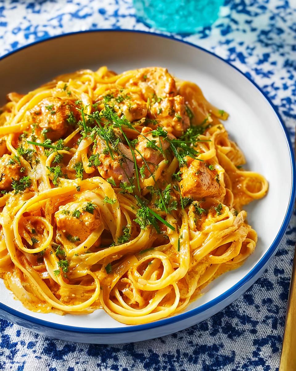 A close-up of a bowl of Cowboy Butter Chicken Pasta, featuring fettuccine noodles coated in a creamy orange sauce with chunks of chicken and garnished with fresh parsley.