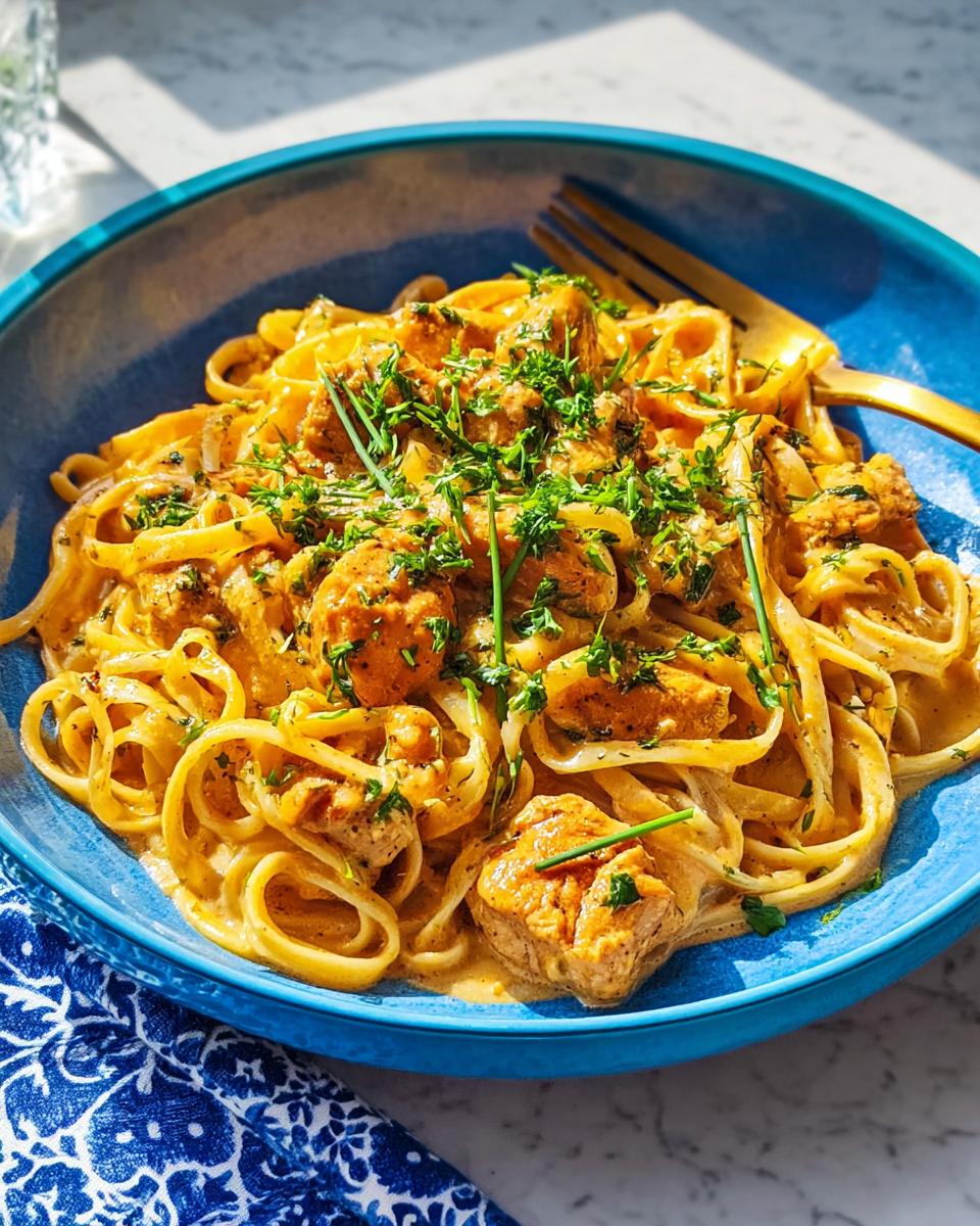 A close-up of Cowboy Butter Chicken Pasta in a blue bowl, featuring fettuccine noodles coated in a rich, creamy sauce with tender chicken pieces and fresh herbs.