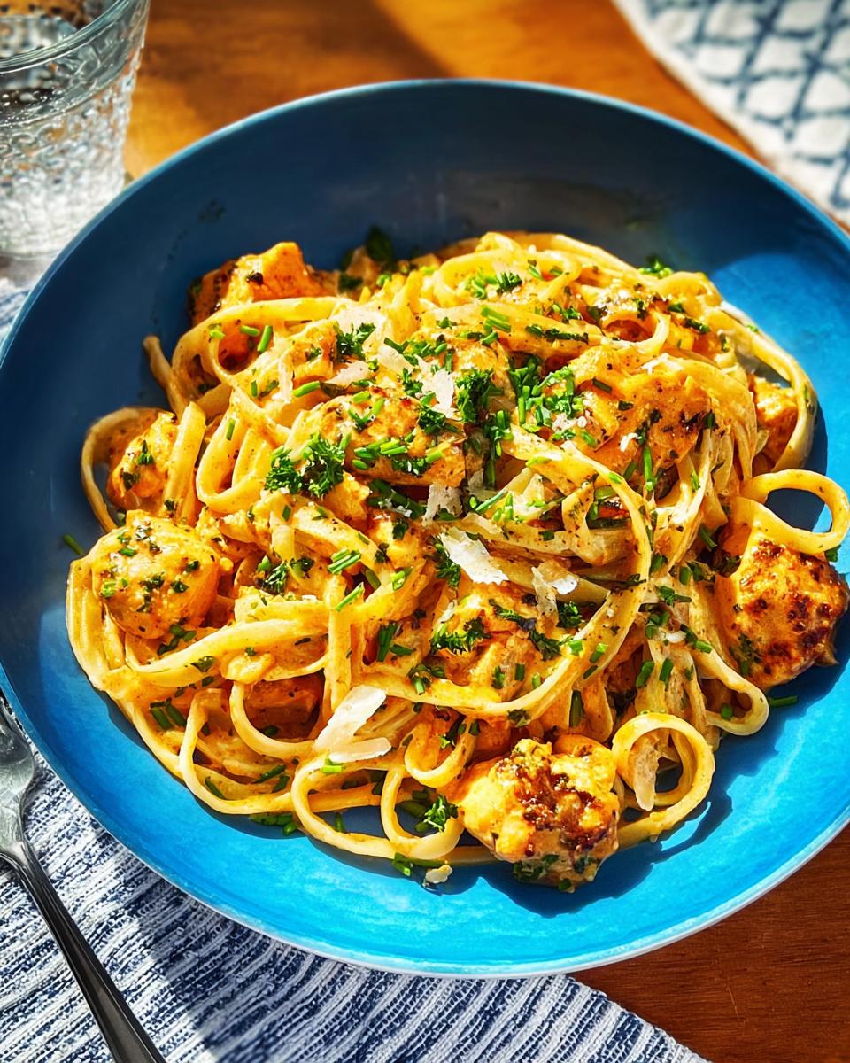 A close-up of Cowboy Butter Chicken Pasta in a blue bowl, garnished with chives and Parmesan cheese.