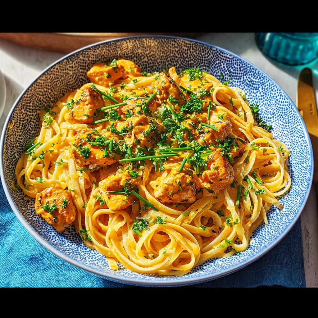 A close-up of Cowboy Butter Chicken Pasta served in a decorative blue and white bowl, garnished with fresh herbs.