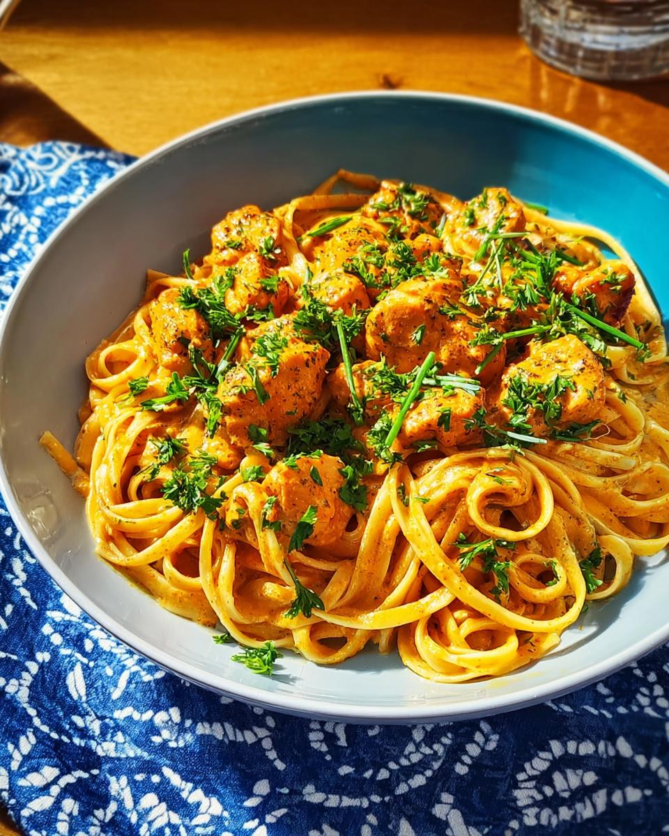 A bowl of Cowboy Butter Chicken Pasta, featuring fettuccine noodles coated in creamy sauce with tender chicken pieces and fresh parsley garnish.