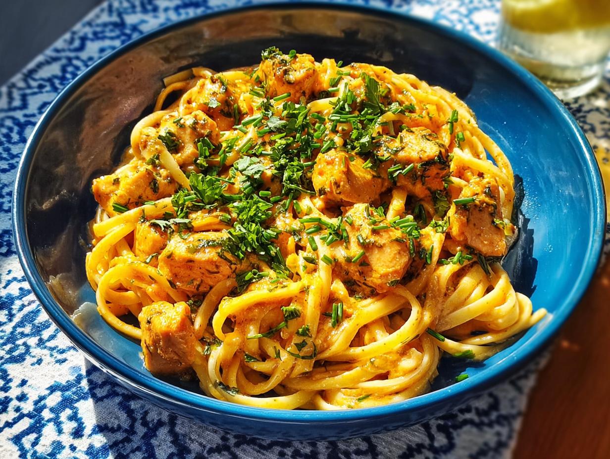 A close-up of Cowboy Butter Chicken Pasta in a blue bowl, featuring linguine noodles and tender chicken pieces in a creamy sauce, topped with fresh herbs.