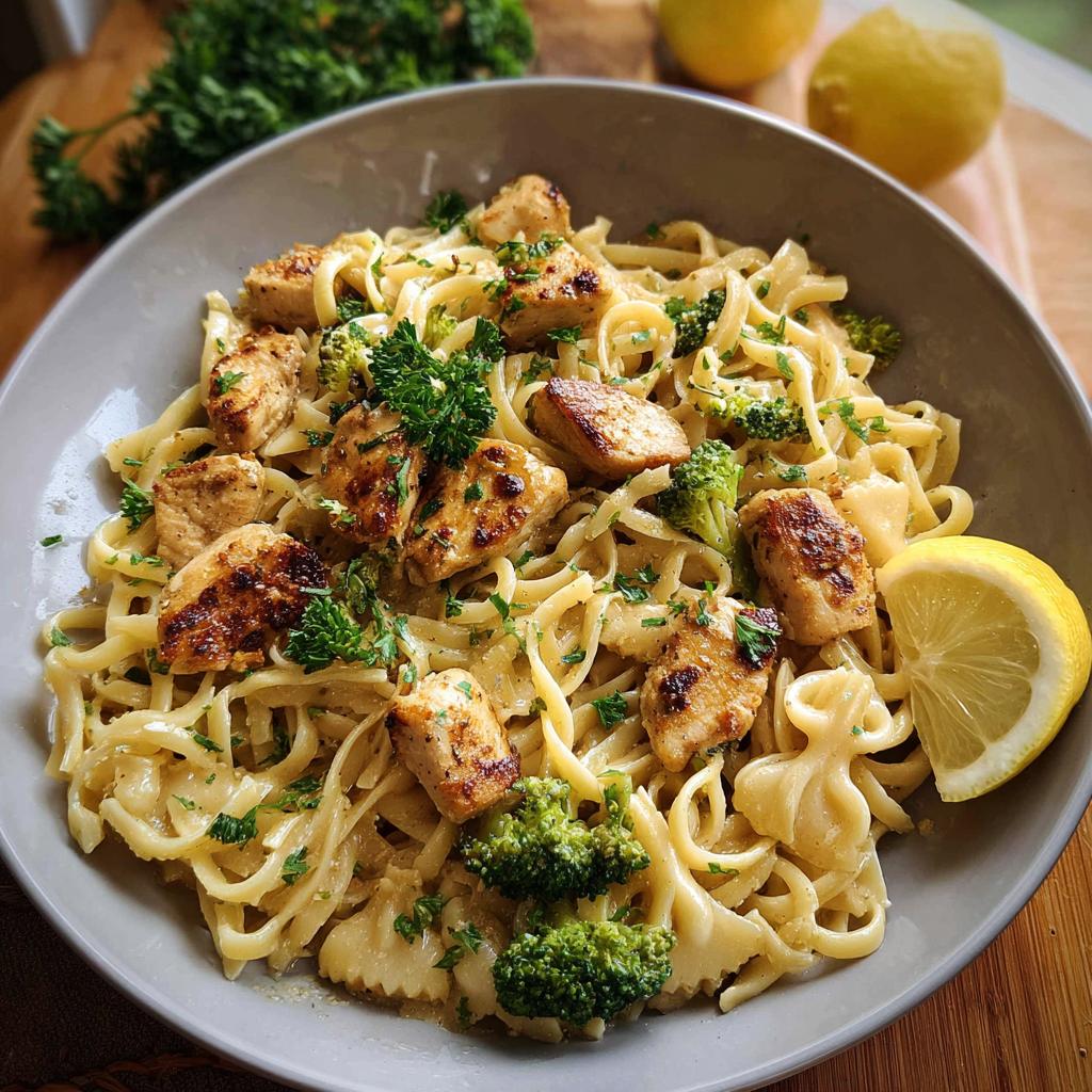 A bowl of Cowboy Butter Lemon Bowtie Chicken Pasta with Broccoli, garnished with parsley and lemon.