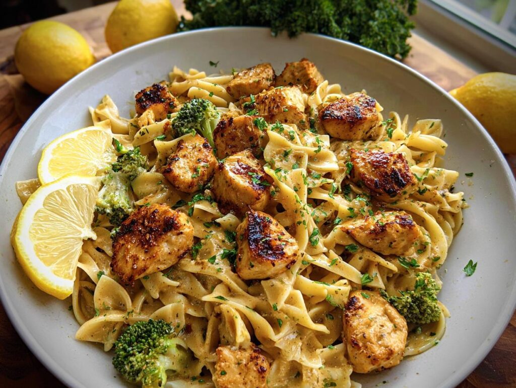 A bowl of Cowboy Butter Lemon Bowtie Chicken Pasta with Broccoli, garnished with lemon slices and parsley.