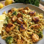 A bowl of Cowboy Butter Lemon Bowtie Chicken Pasta with Broccoli, garnished with lemon slices and parsley.