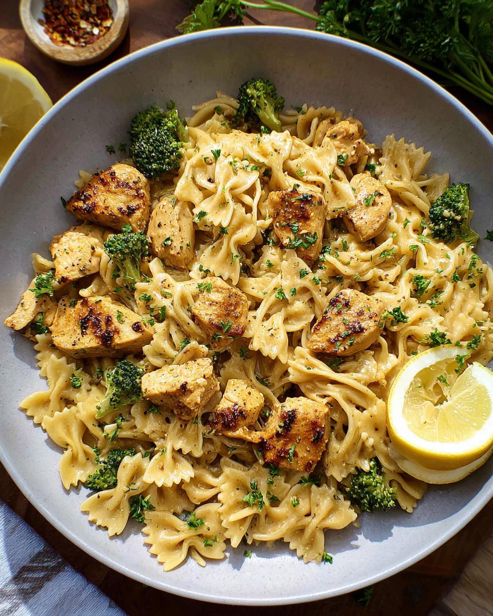 A bowl of Cowboy Butter Lemon Bowtie Chicken Pasta with Broccoli, topped with grilled chicken pieces and fresh parsley, garnished with a lemon slice.