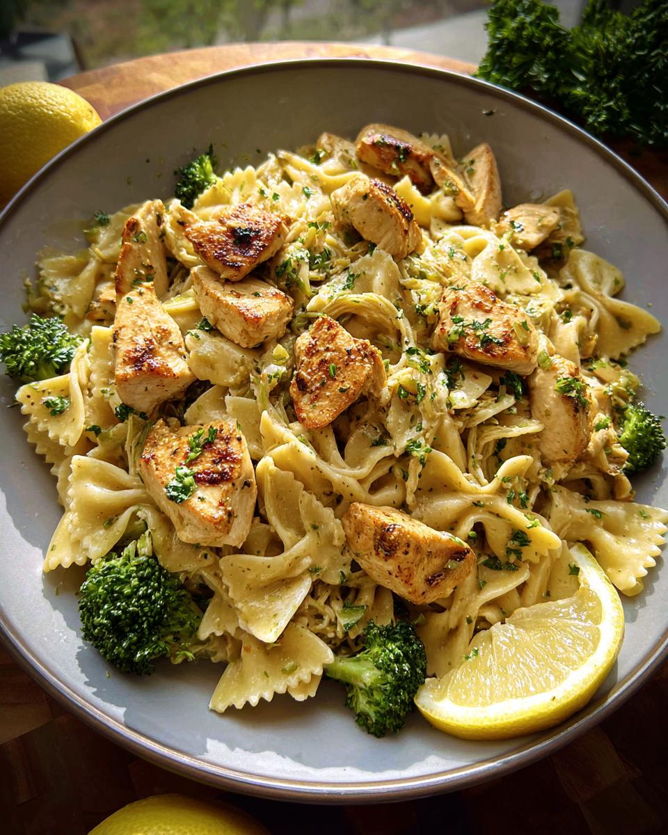 A bowl of Cowboy Butter Lemon Bowtie Chicken Pasta with Broccoli, topped with grilled chicken pieces and garnished with parsley and lemon.