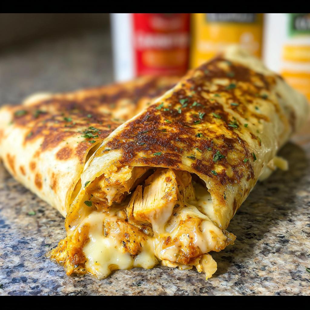 Close-up of Cozy Cheesy Garlic Chicken Wraps, showing juicy chicken and melted cheese spilling out.