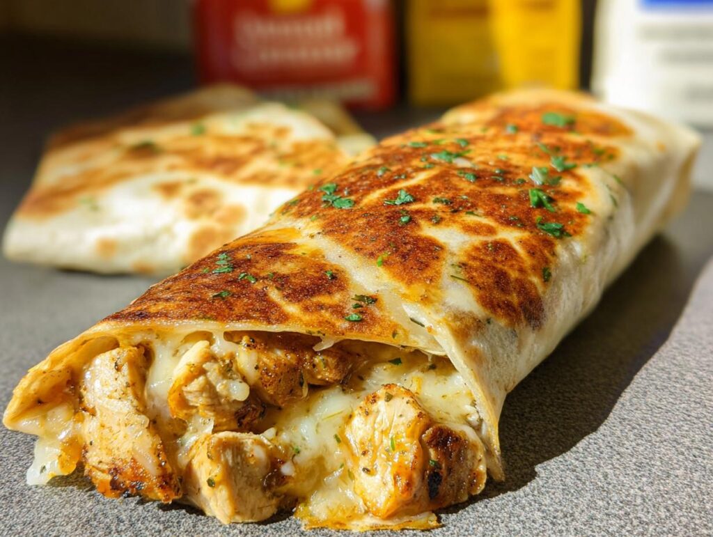 A close-up of a Cozy Cheesy Garlic Chicken Wrap, showing tender chicken and melted cheese spilling out, garnished with parsley.