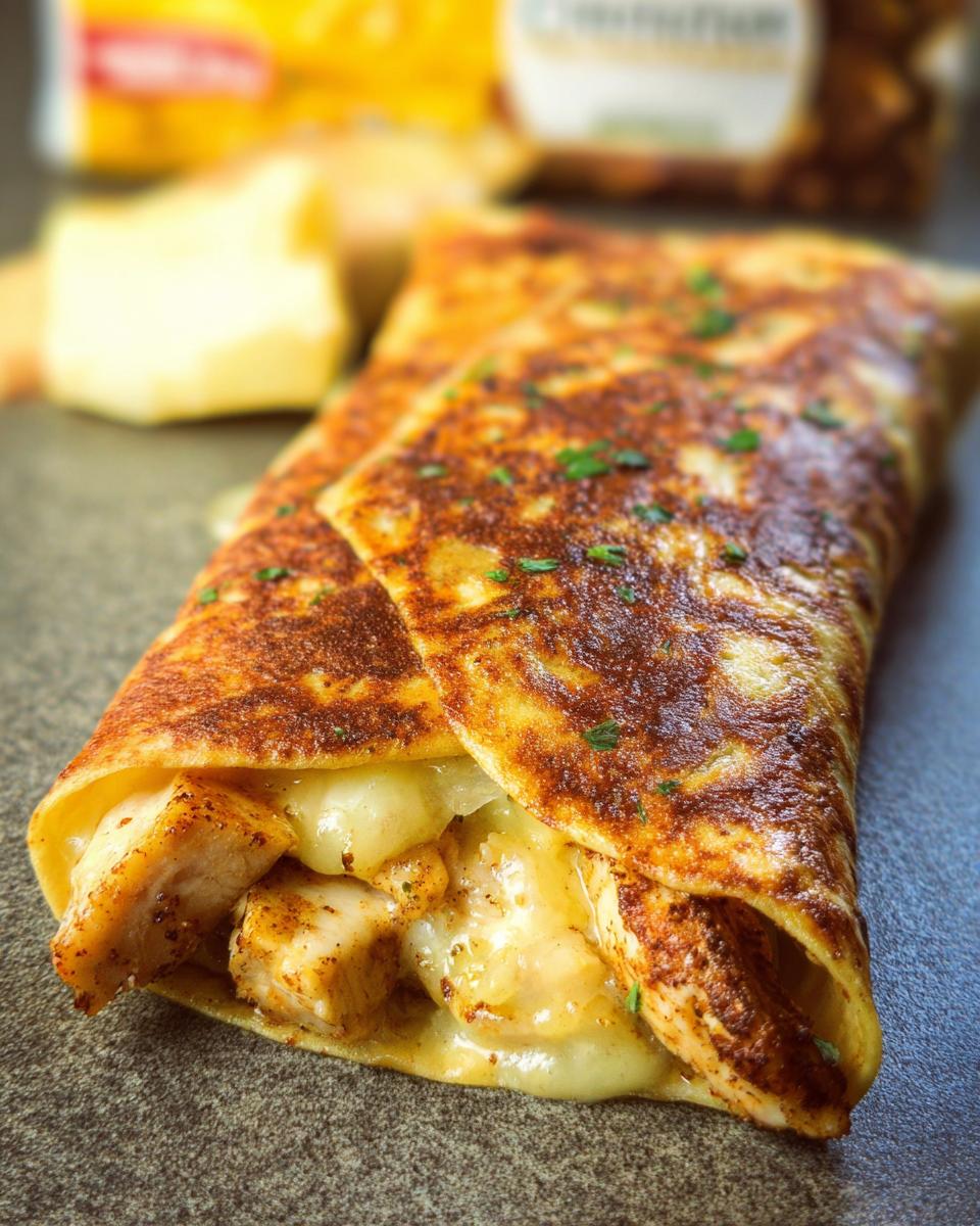 A close-up of a Cozy Cheesy Garlic Chicken Wrap, showing seasoned chicken and melted cheese peeking out.