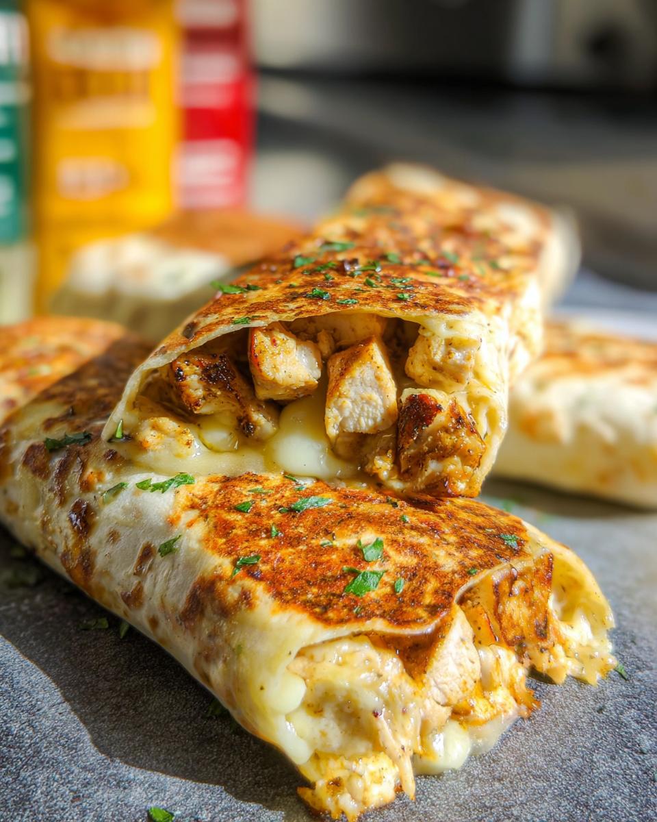 Close-up of a Cozy Cheesy Garlic Chicken Wrap, showing tender chicken pieces and melted cheese spilling out.