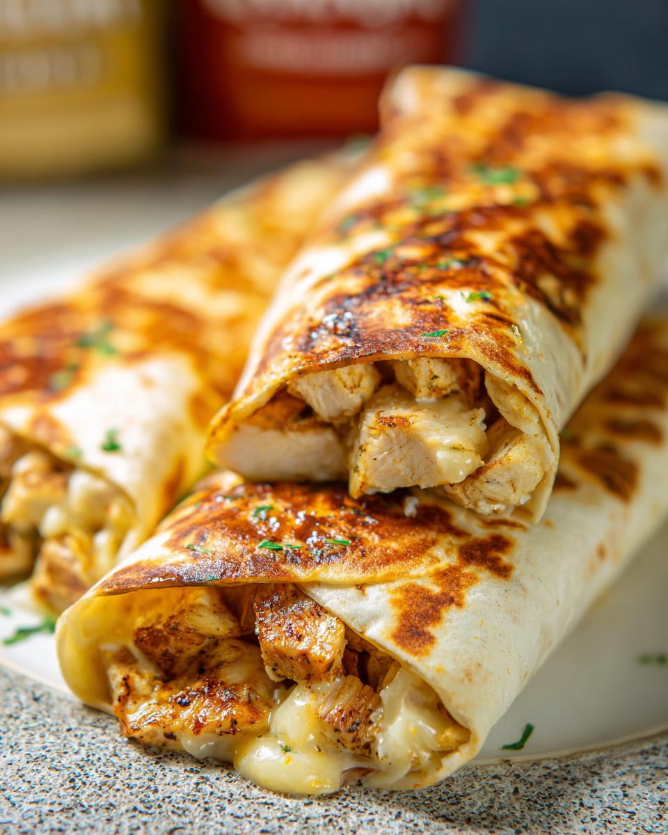 Close-up of Cozy Cheesy Garlic Chicken Wraps, showing tender chicken and melted cheese spilling out.