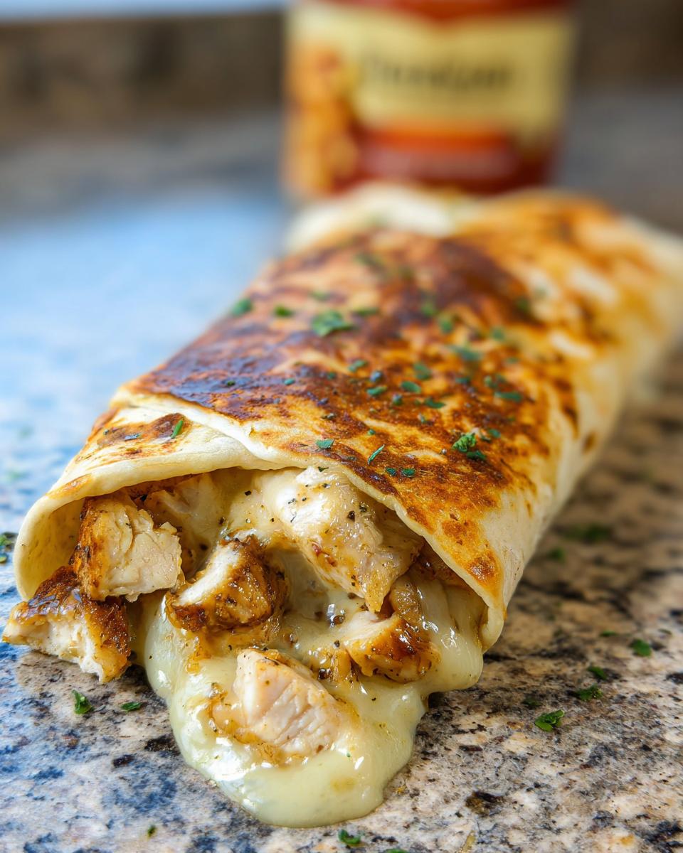 Close-up of a Cozy Cheesy Garlic Chicken Wrap, overflowing with tender chicken and melted cheese.