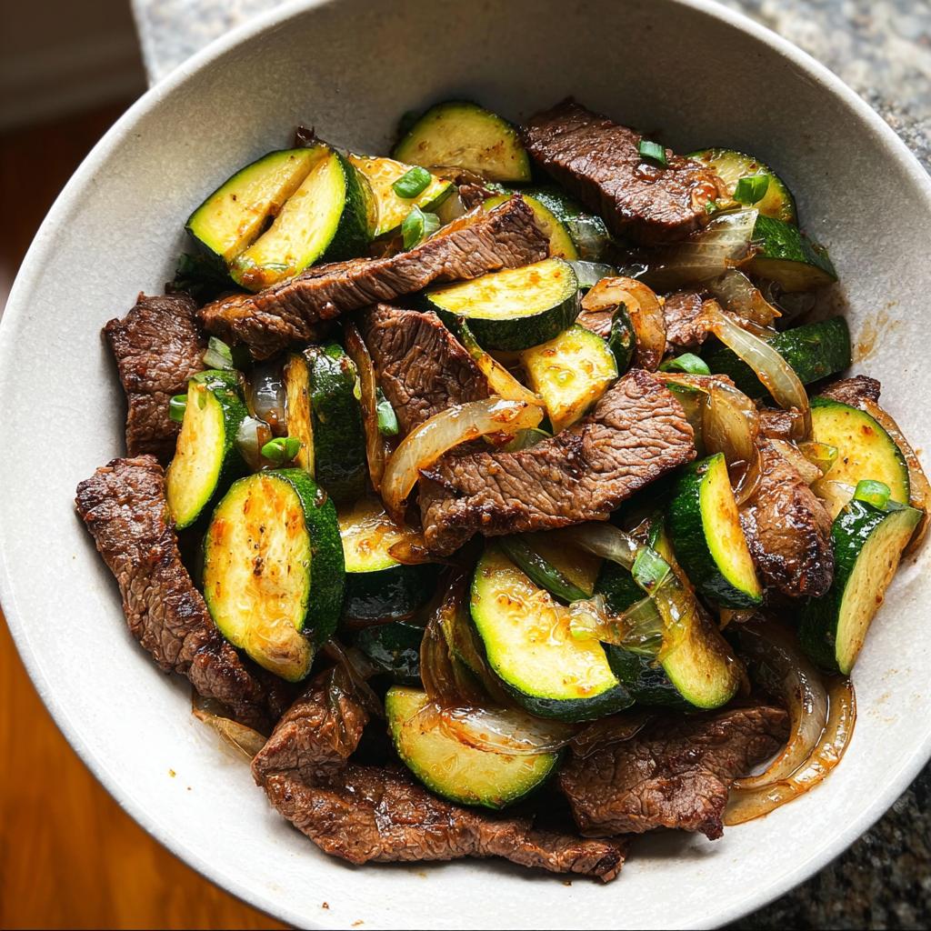 A close-up overhead view of a Cozy Grilled Steak Bowl with tender steak slices, zucchini rounds, and onions.