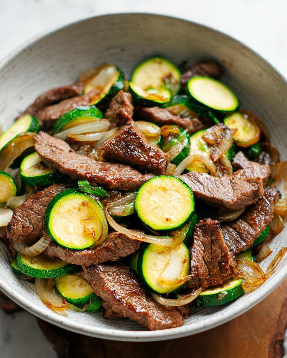 A close-up of a Cozy Grilled Steak Bowl with tender steak slices, sautéed zucchini rounds, and onions.