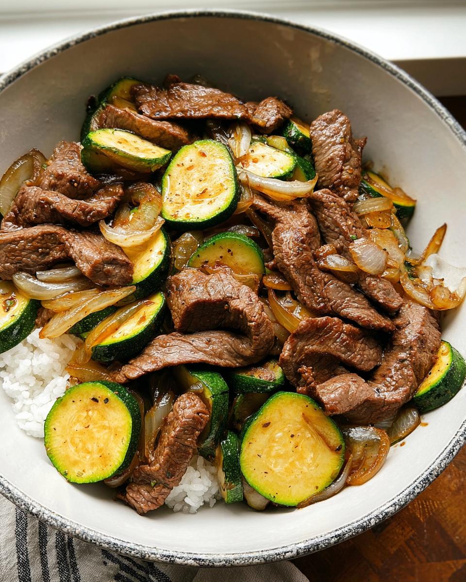 A close-up of a Cozy Grilled Steak Bowl with tender steak slices, sautéed zucchini rounds, and onions served over white rice.