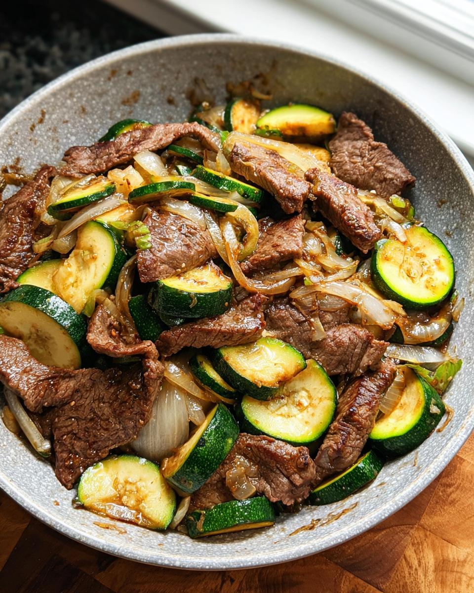 A close-up shot of a Cozy Grilled Steak Bowl with tender steak slices, zucchini rounds, and onions.