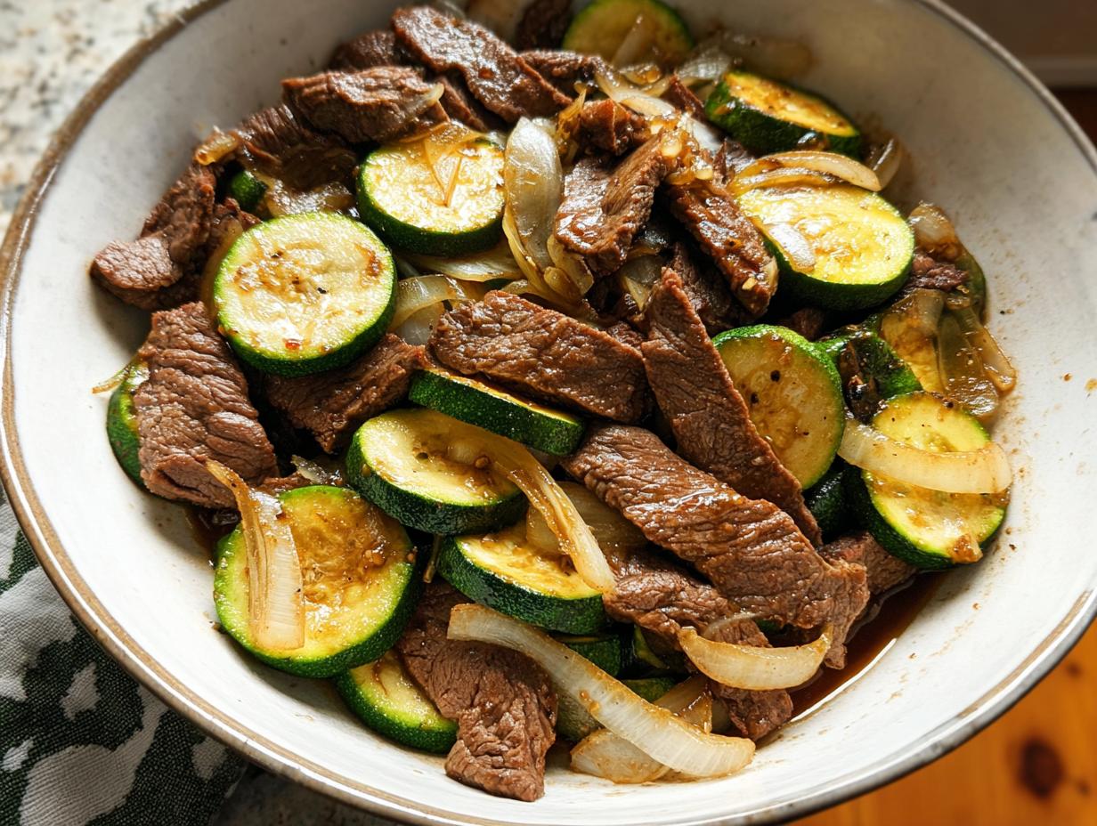A close-up of a Cozy Grilled Steak Bowl with Zucchini and onions, showcasing tender steak slices and vibrant zucchini rounds.
