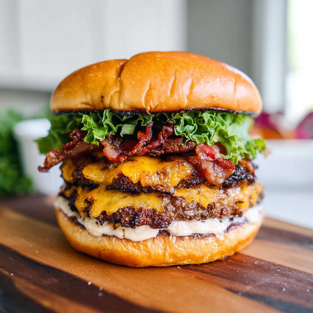 A mouthwatering double patty Crack Burger with melted cheese, crispy bacon, fresh lettuce, and sauce on a bun.