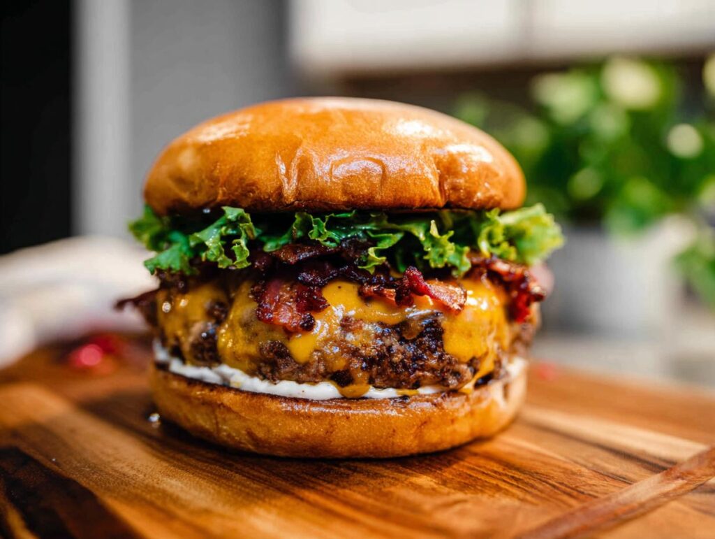 A mouthwatering Crack Burger featuring a juicy beef patty, melted cheddar cheese, crispy bacon, fresh lettuce, and creamy sauce on a toasted bun.