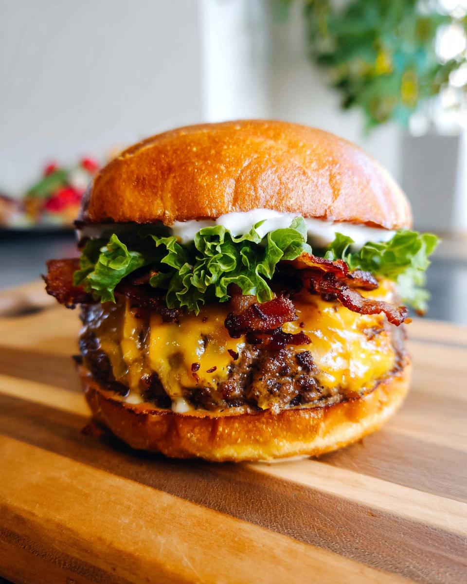 A close-up of a delicious Crack Burger with a toasted bun, melted cheese, crispy bacon, and fresh lettuce.