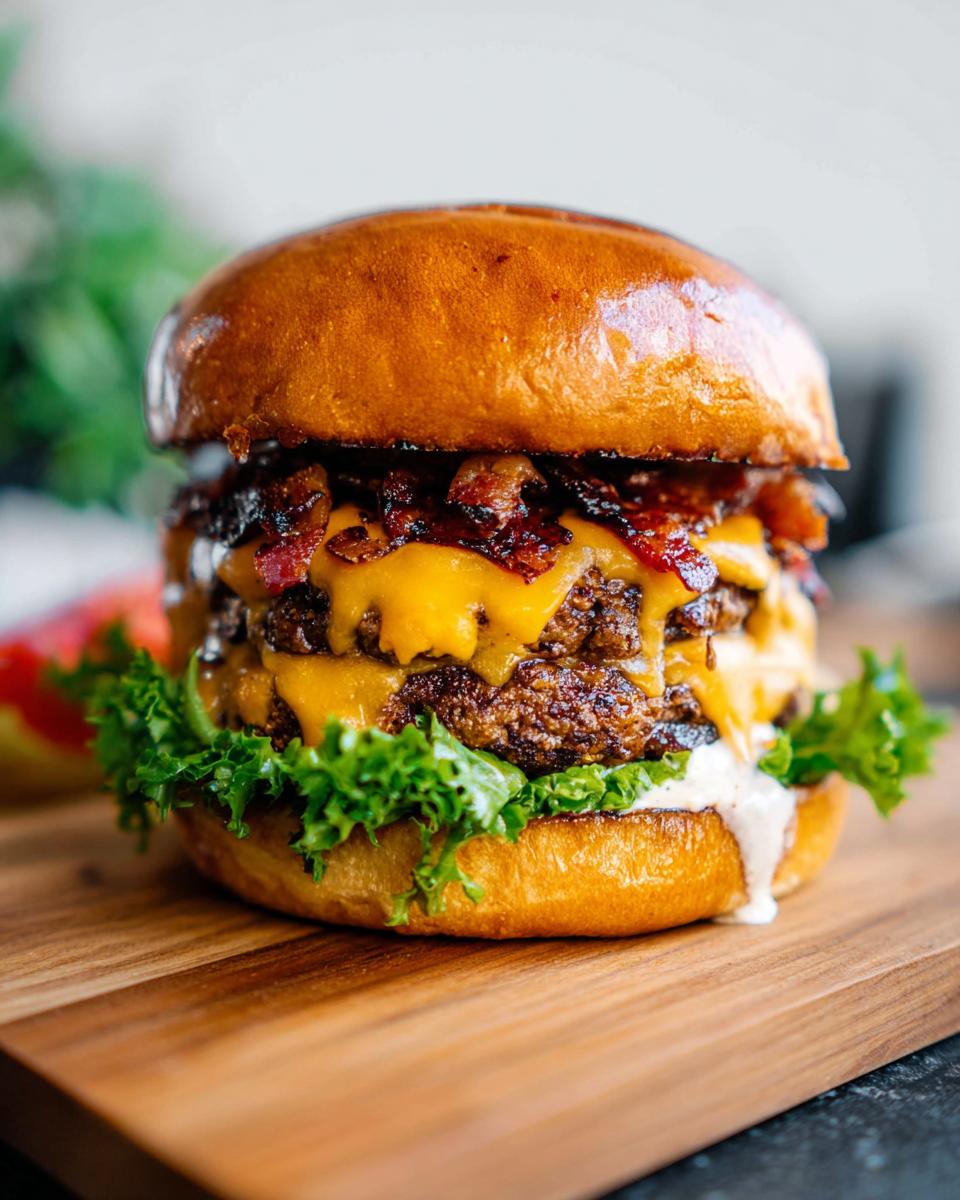 A delicious double-patty Crack Burger stacked with melted cheese, crispy bacon, fresh lettuce, and sauce on a toasted bun.