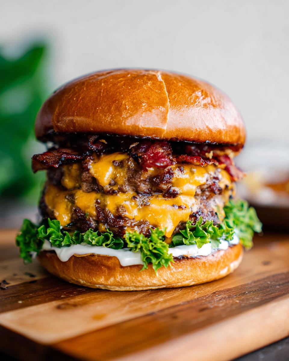 A delicious double patty Crack Burger stacked high with melted cheese, crispy bacon, fresh lettuce, and sauce on a toasted bun.