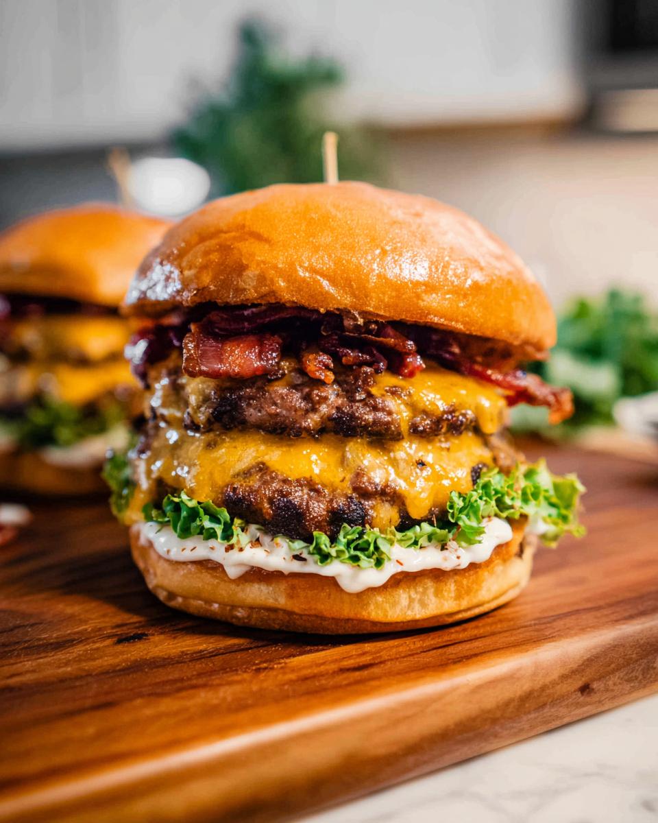 A juicy double-patty Crack Burger stacked with melted cheese, crispy bacon, lettuce, and sauce on a brioche bun.