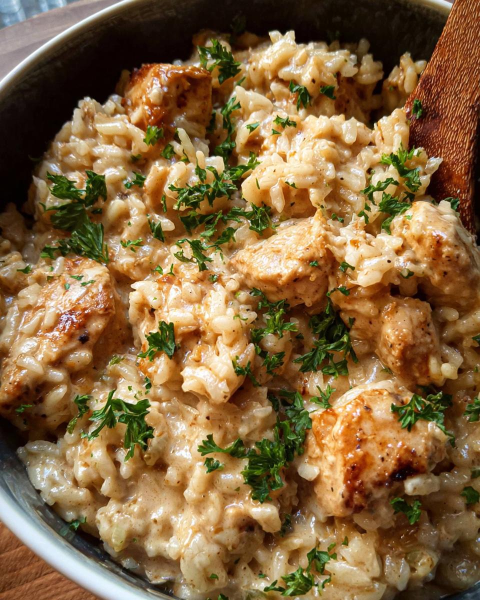 A close-up of a bowl filled with creamy Cajun chicken and rice, garnished with fresh parsley.