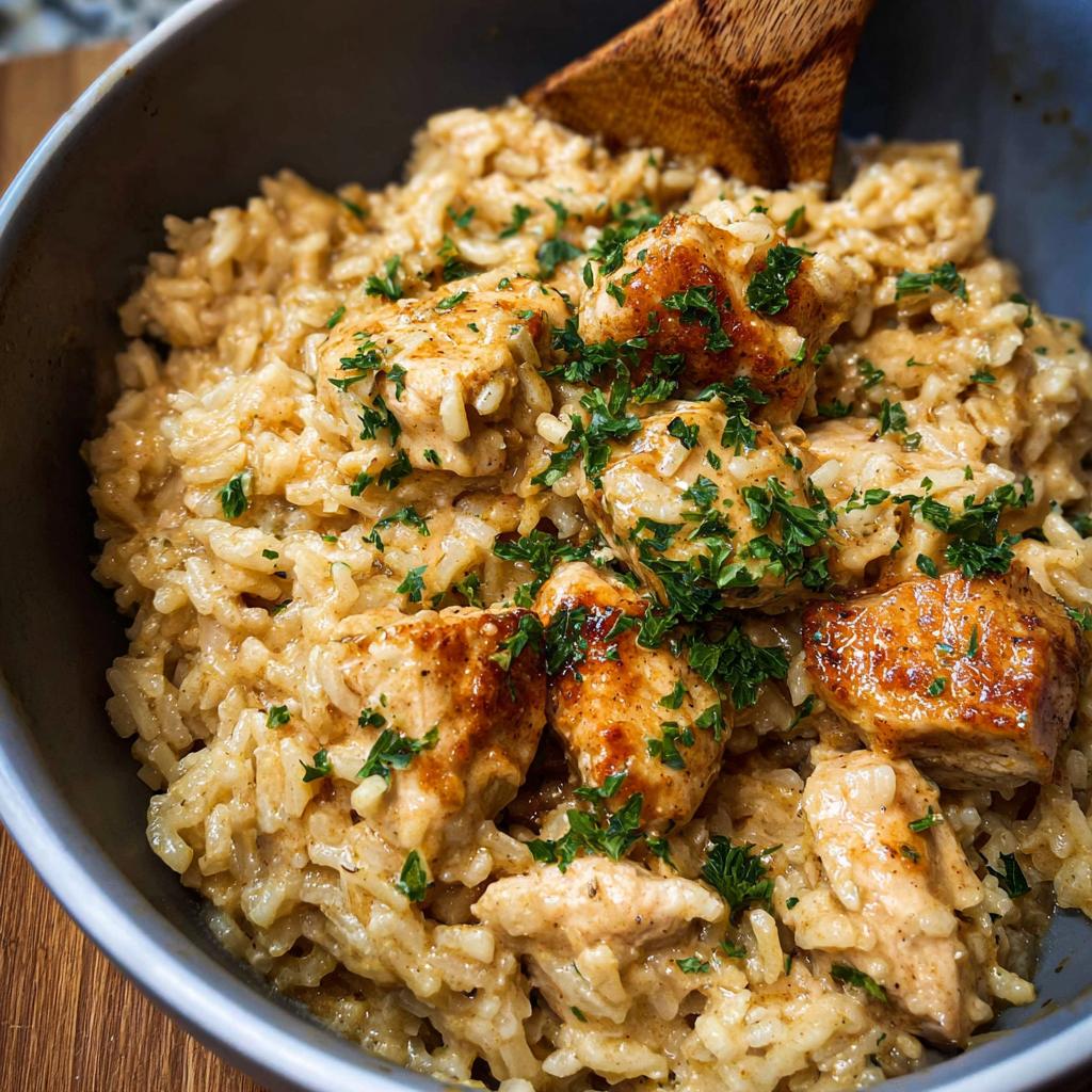 A close-up of a bowl filled with Creamy Cajun Chicken & Rice Bowls, topped with fresh parsley.