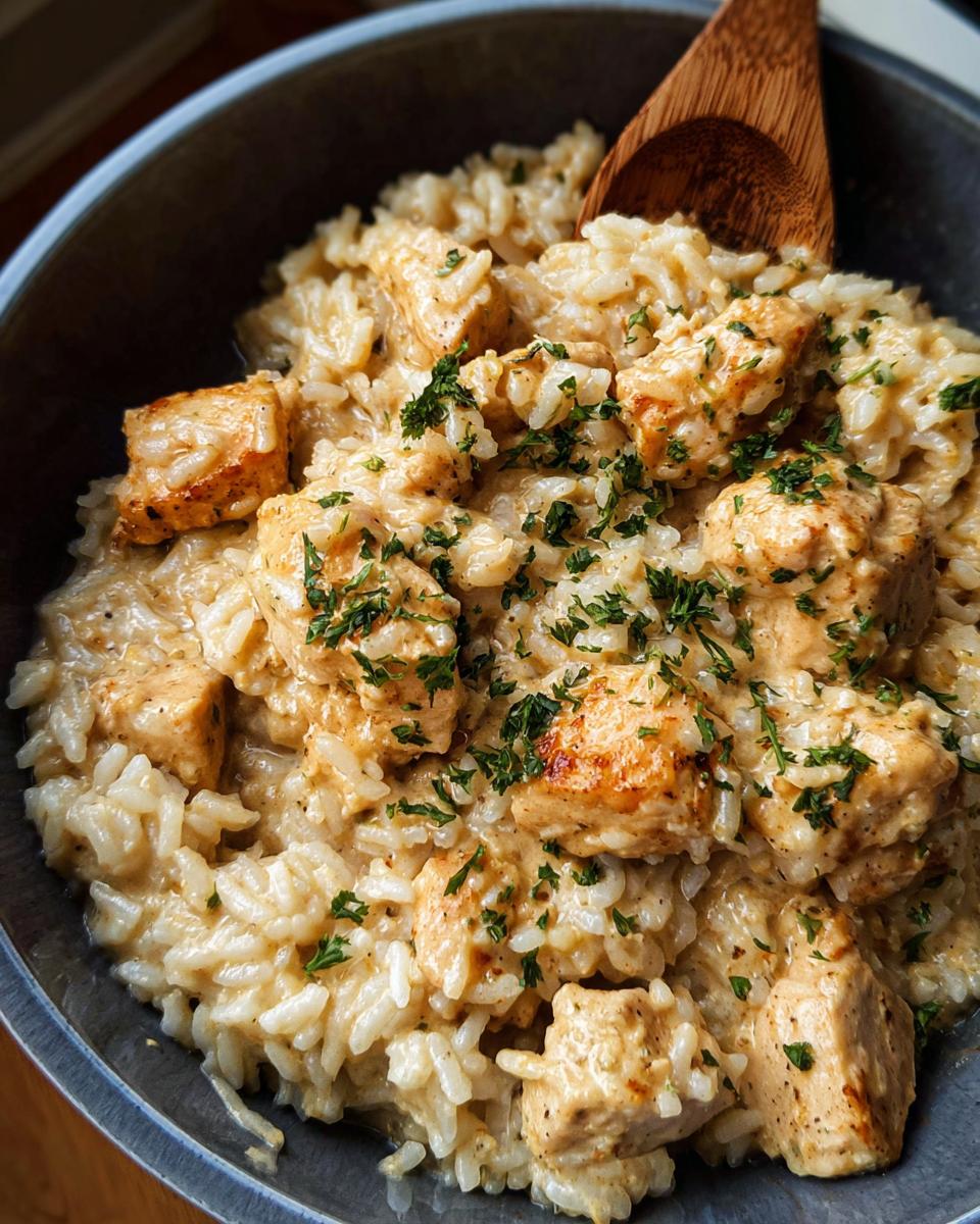 A close-up of a bowl filled with Creamy Cajun Chicken & Rice Bowls, topped with parsley.
