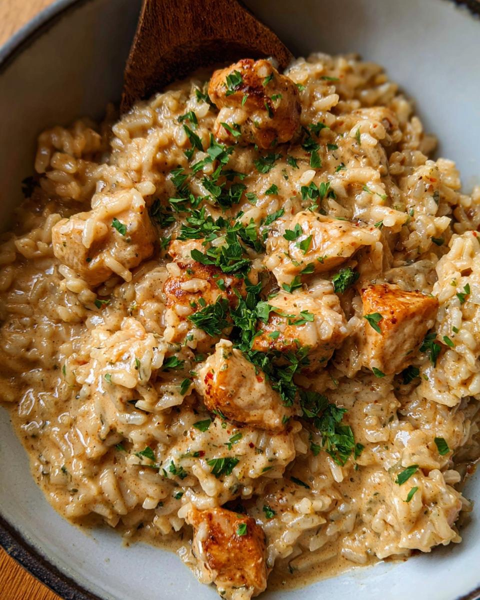 A close-up view of a bowl filled with Creamy Cajun Chicken & Rice Bowls, garnished with fresh parsley.