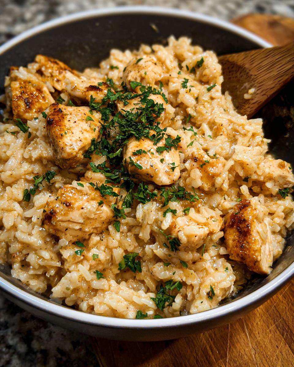 Close-up of a bowl filled with Creamy Cajun Chicken & Rice Bowls, topped with chopped parsley.
