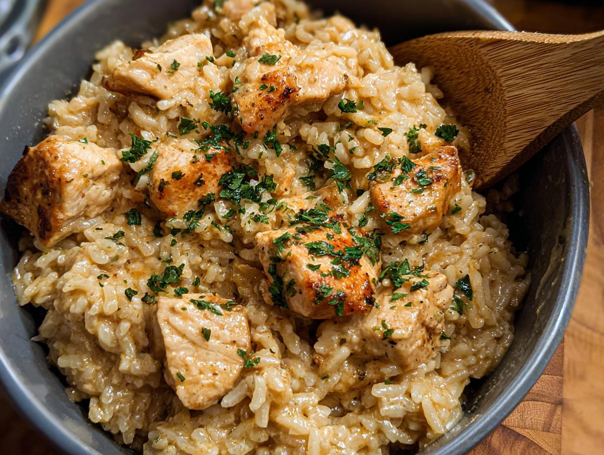 Close-up of Creamy Cajun Chicken & Rice Bowls with tender chicken pieces and fluffy rice, garnished with parsley.