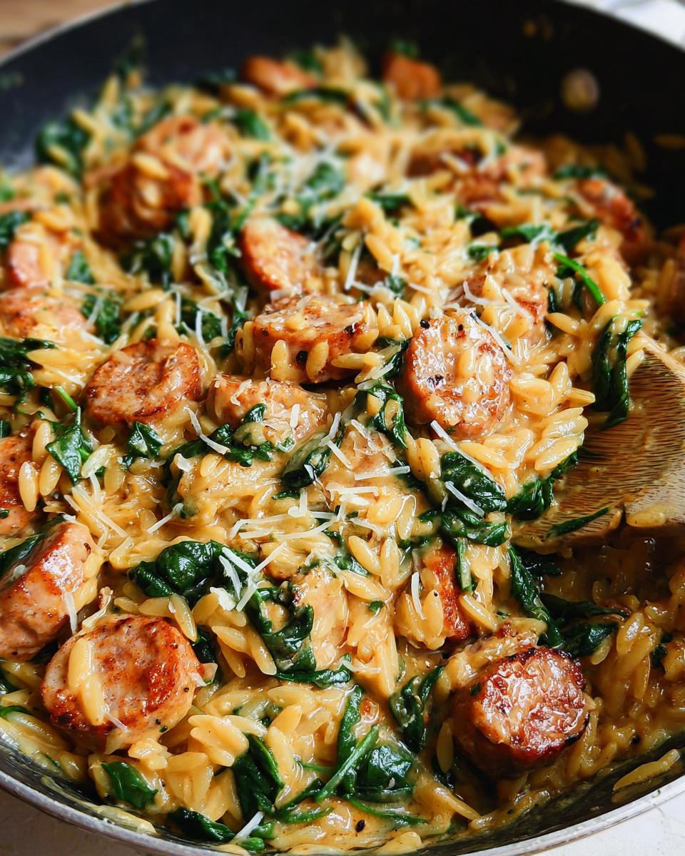 Close-up of a pan filled with creamy chicken sausage orzo and spinach, topped with grated cheese.