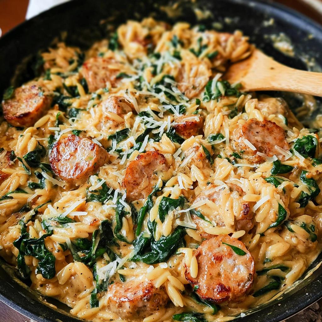 Close-up of Creamy Chicken Sausage Orzo with spinach and grated cheese, served in a black skillet.