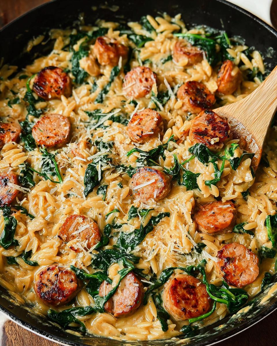 Close-up of creamy chicken sausage orzo with wilted spinach and grated cheese.