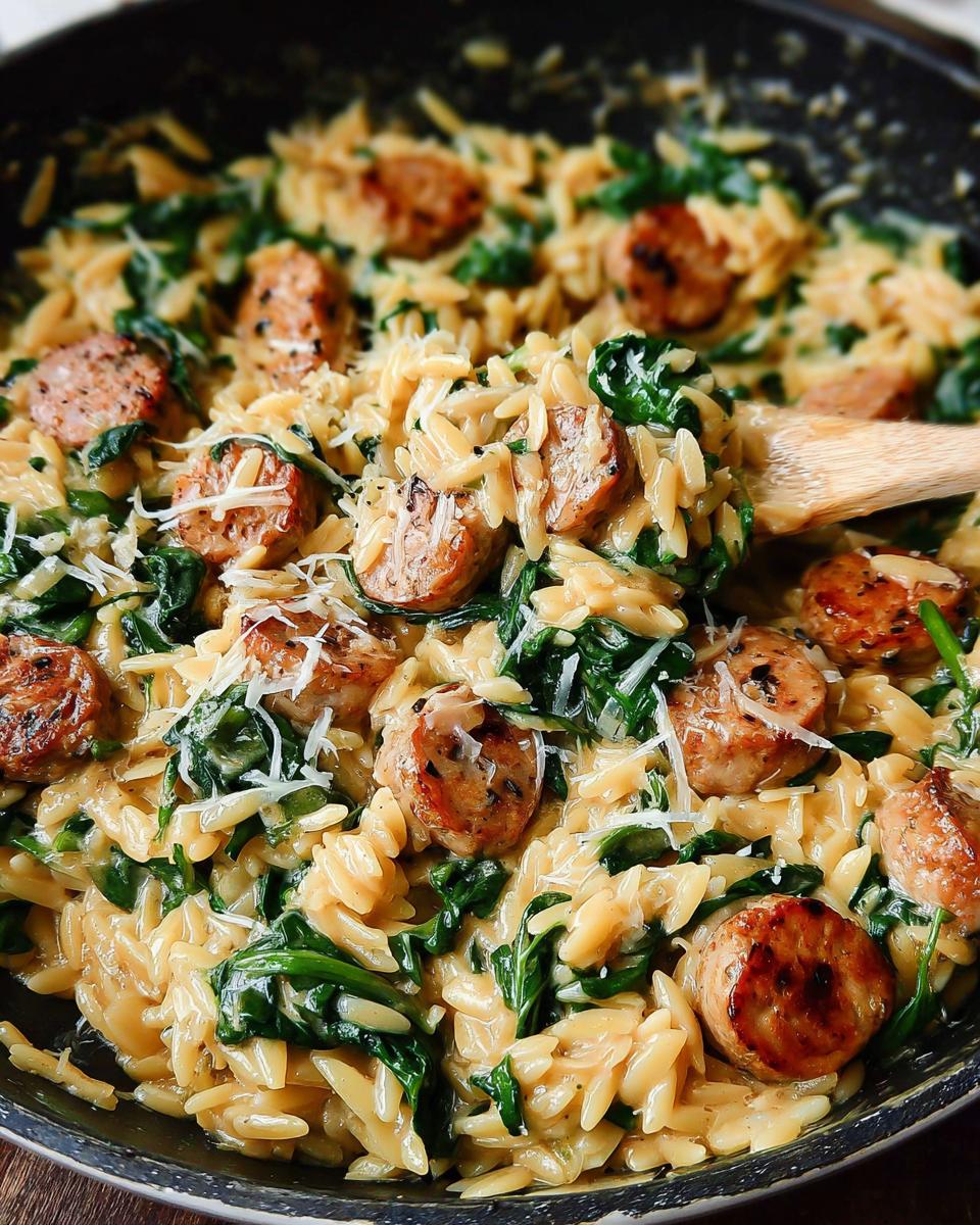Close-up of Creamy Chicken Sausage Orzo with wilted spinach and grated Parmesan cheese.