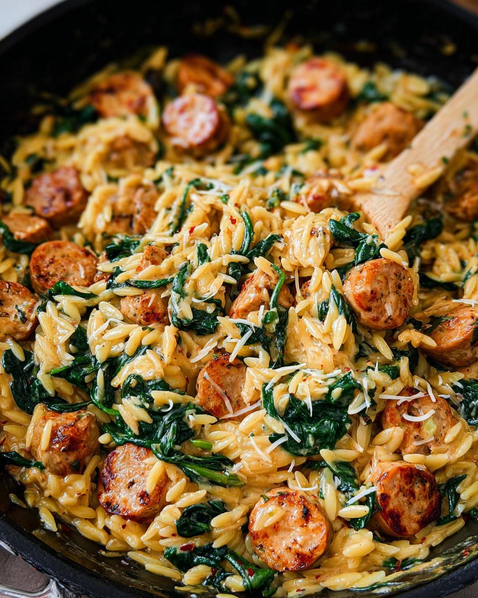 Close-up of creamy chicken sausage orzo with wilted spinach and grated cheese.