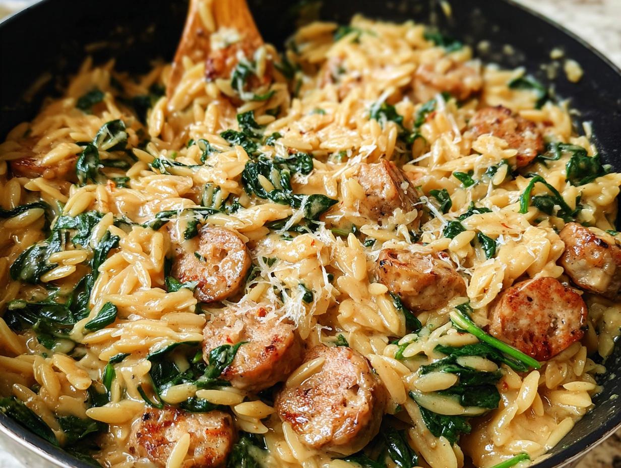 Close-up of Creamy Chicken Sausage Orzo with wilted spinach and grated cheese, a wooden spoon is visible.