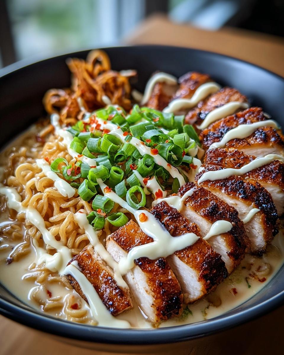 A delicious bowl of Creamy Garlic Chicken Ramen topped with sliced grilled chicken, green onions, and a drizzle of sauce.