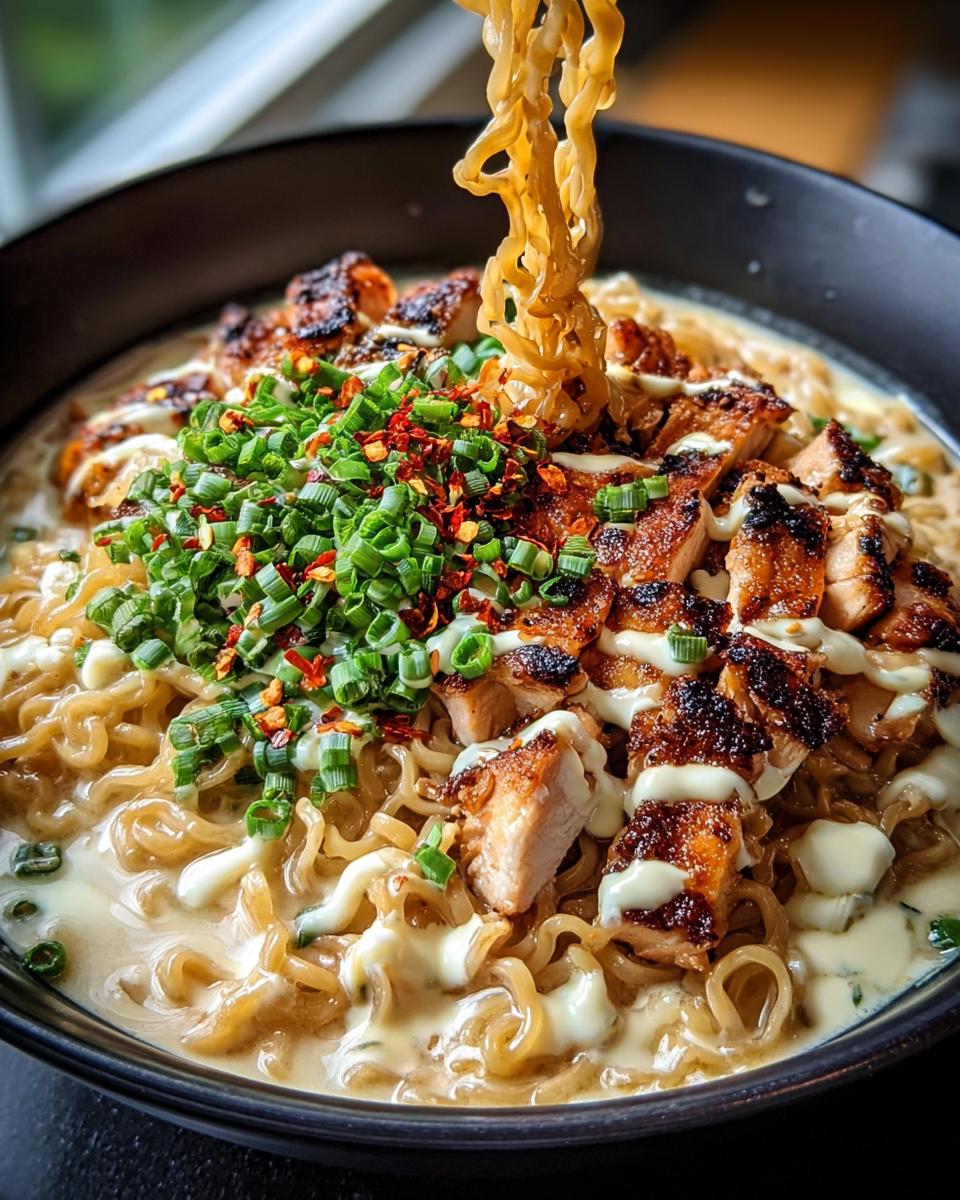 A bowl of Creamy Garlic Chicken Ramen topped with grilled chicken, scallions, and chili flakes, with noodles being lifted.