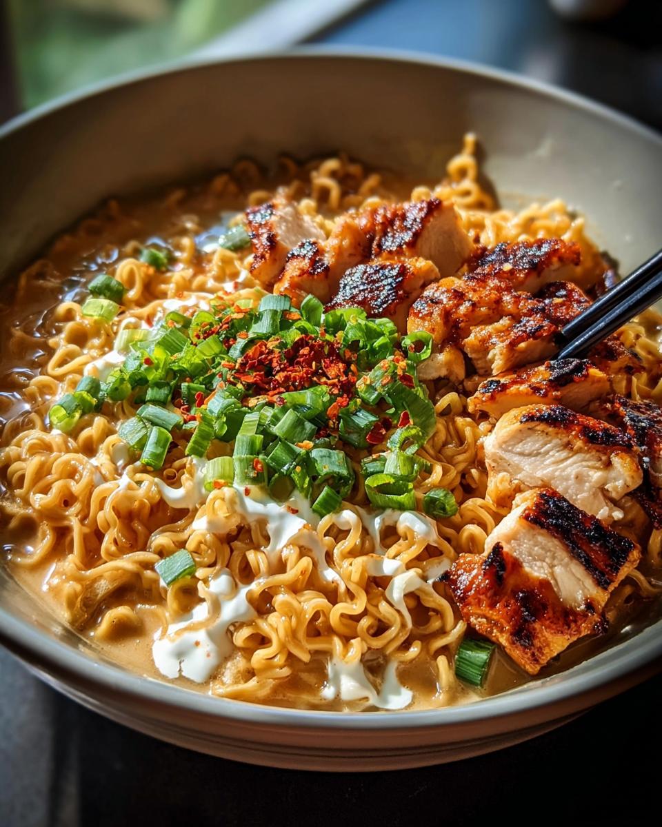 A close-up of a bowl of Creamy Garlic Chicken Ramen, featuring ramen noodles, grilled chicken, green onions, and chili flakes.