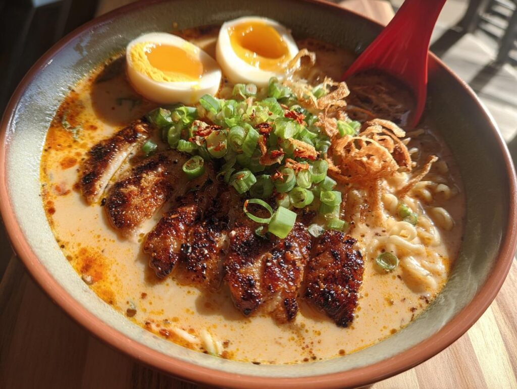 A bowl of Creamy Garlic Chicken Ramen topped with sliced chicken, soft-boiled eggs, and green onions.