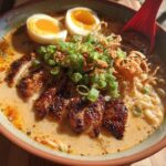 A bowl of Creamy Garlic Chicken Ramen topped with sliced chicken, soft-boiled eggs, and green onions.