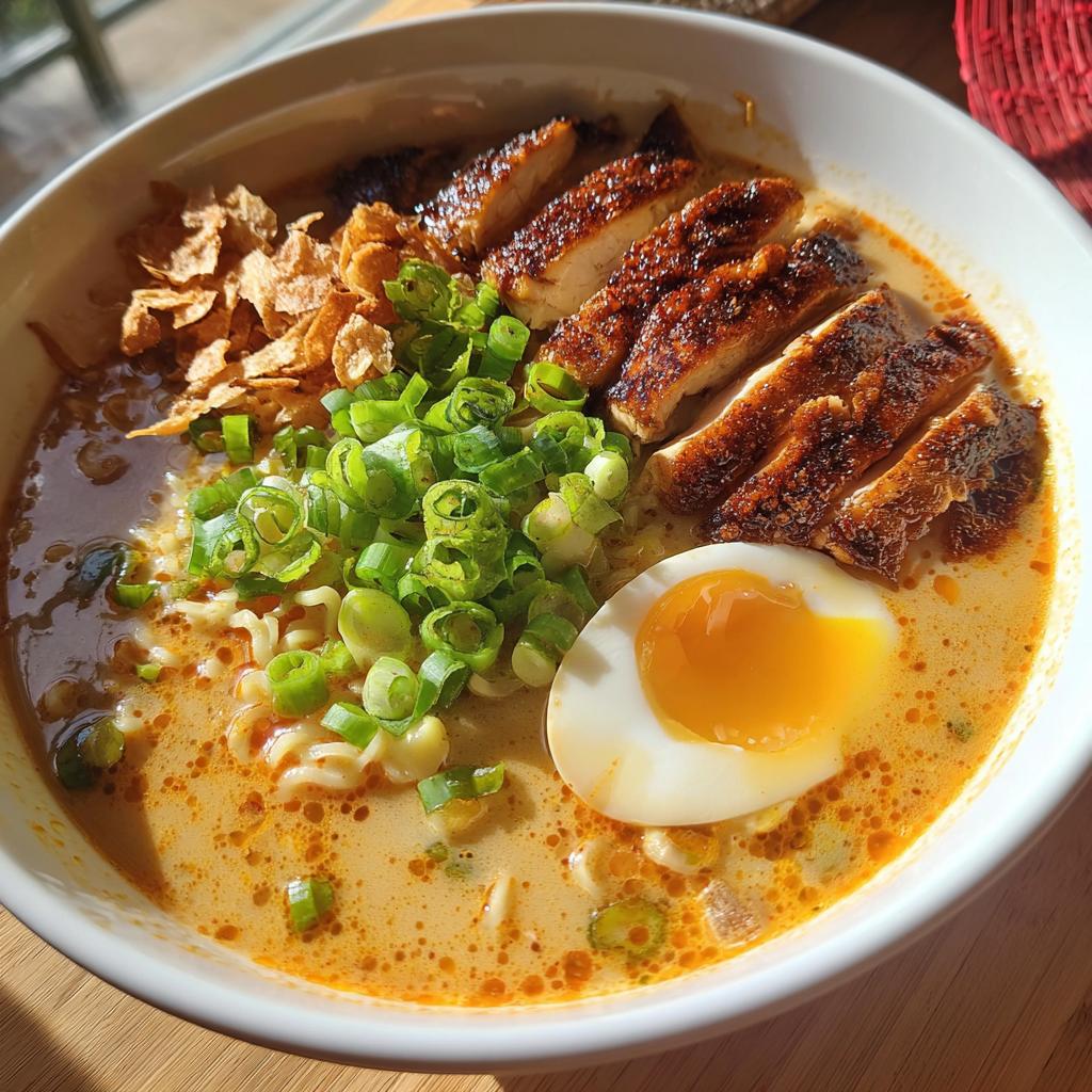 A bowl of Creamy Garlic Chicken Ramen topped with sliced chicken, a soft-boiled egg, green onions, and crispy fried onions.