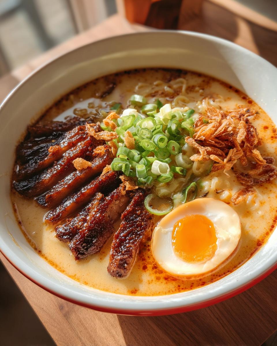 A close-up of Creamy Garlic Chicken Ramen with sliced chicken, a soft-boiled egg, and green onions.