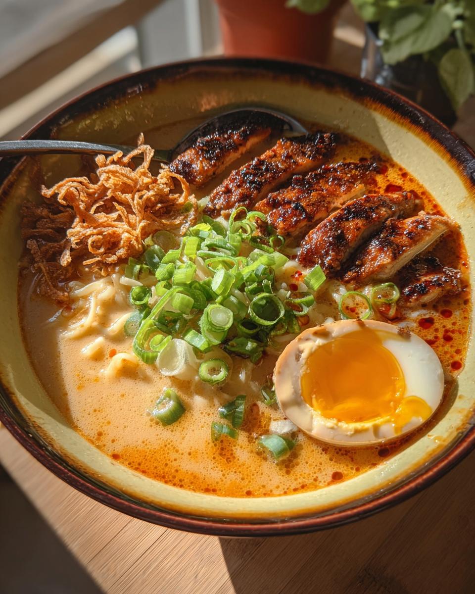 A bowl of Creamy Garlic Chicken Ramen topped with sliced grilled chicken, a soft-boiled egg, green onions, and crispy fried onions.